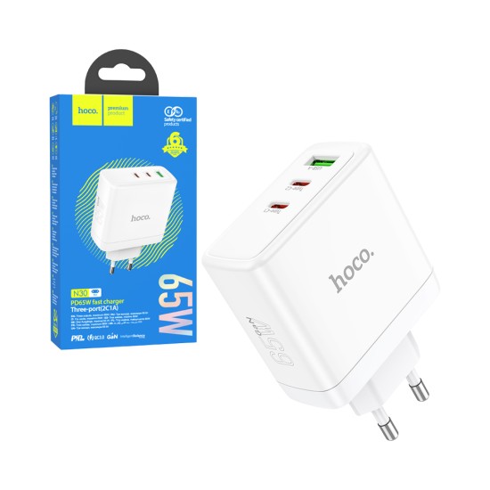 Adapters Hoco N30 Glory PD65W 2C1A USB+Dual Type-C White